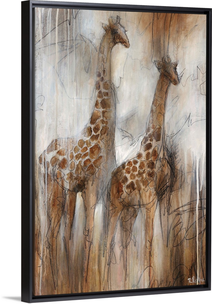 Illustrative painting of two giraffes done in varying shades of grayish-brown.