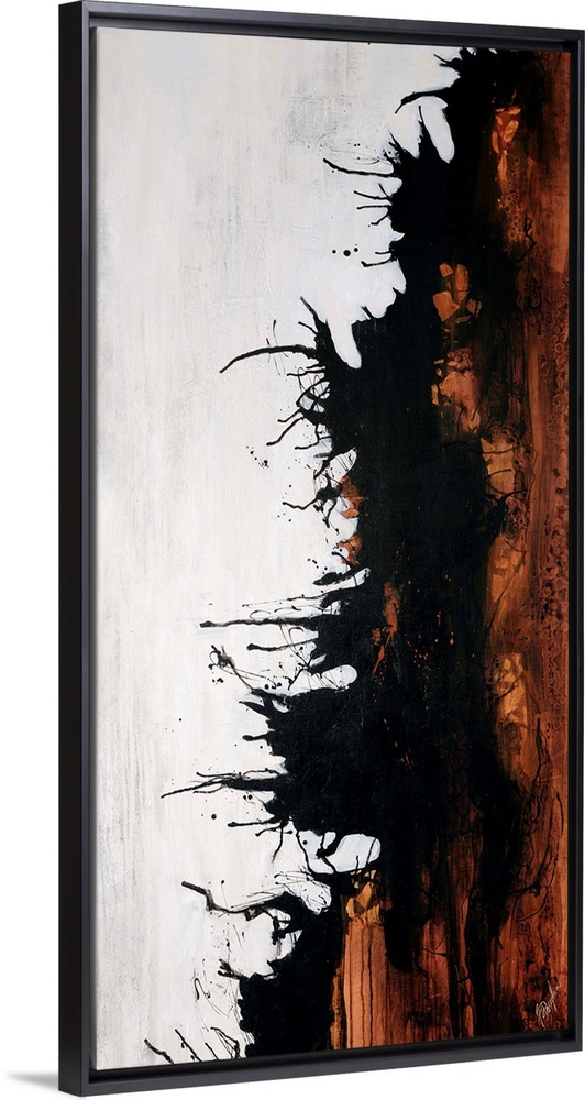 Vertical abstract painting of earth toned brushstrokes on the right with curved lines on the outside edges.