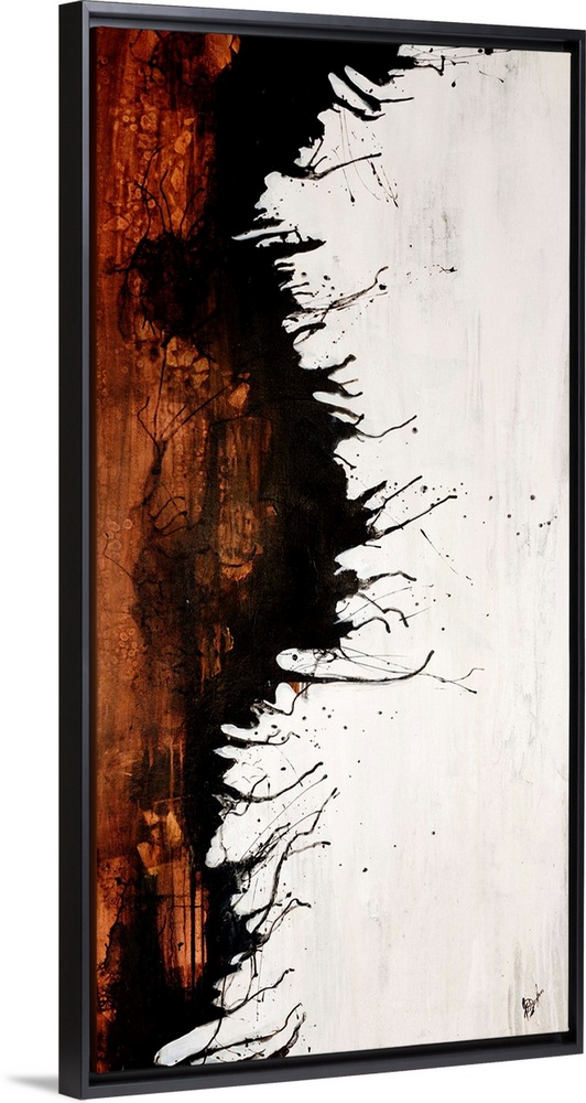 Vertical panoramic painting of two contrasting colors separated by jagged ink splattered edge.