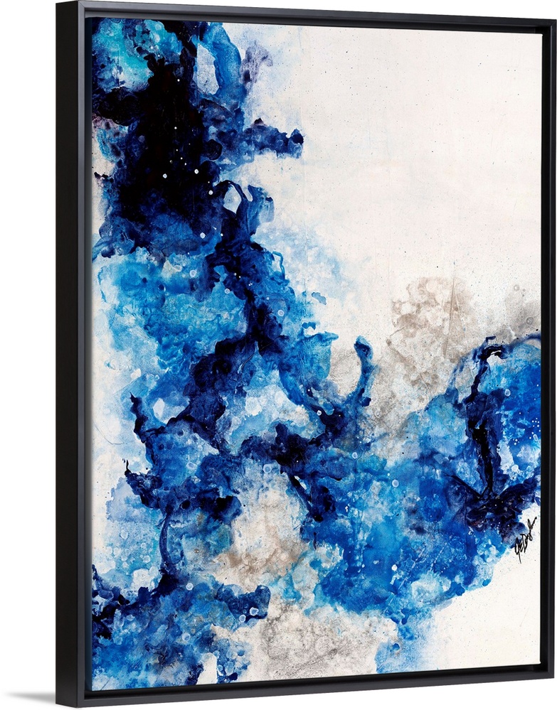 Abstract painting of a mixture of varying blue tones swirling around against a neutral background.