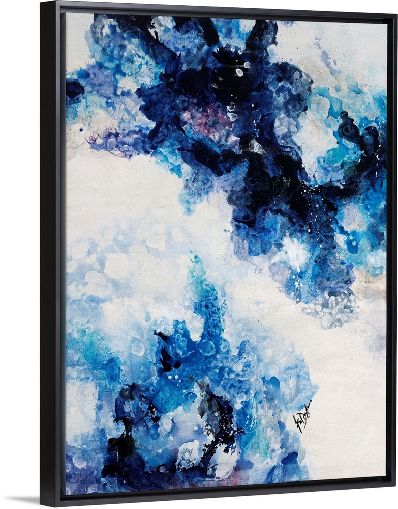 Abstract painting of a mixture of varying blue tones swirling around against a neutral background.