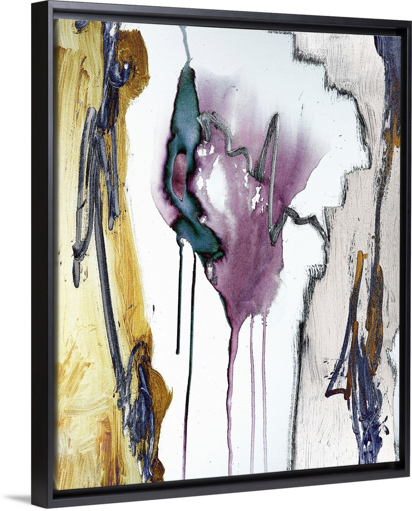 Abstract painting in textured colors of yellow, purple and gray with outlines of black and vertical drips of paint.