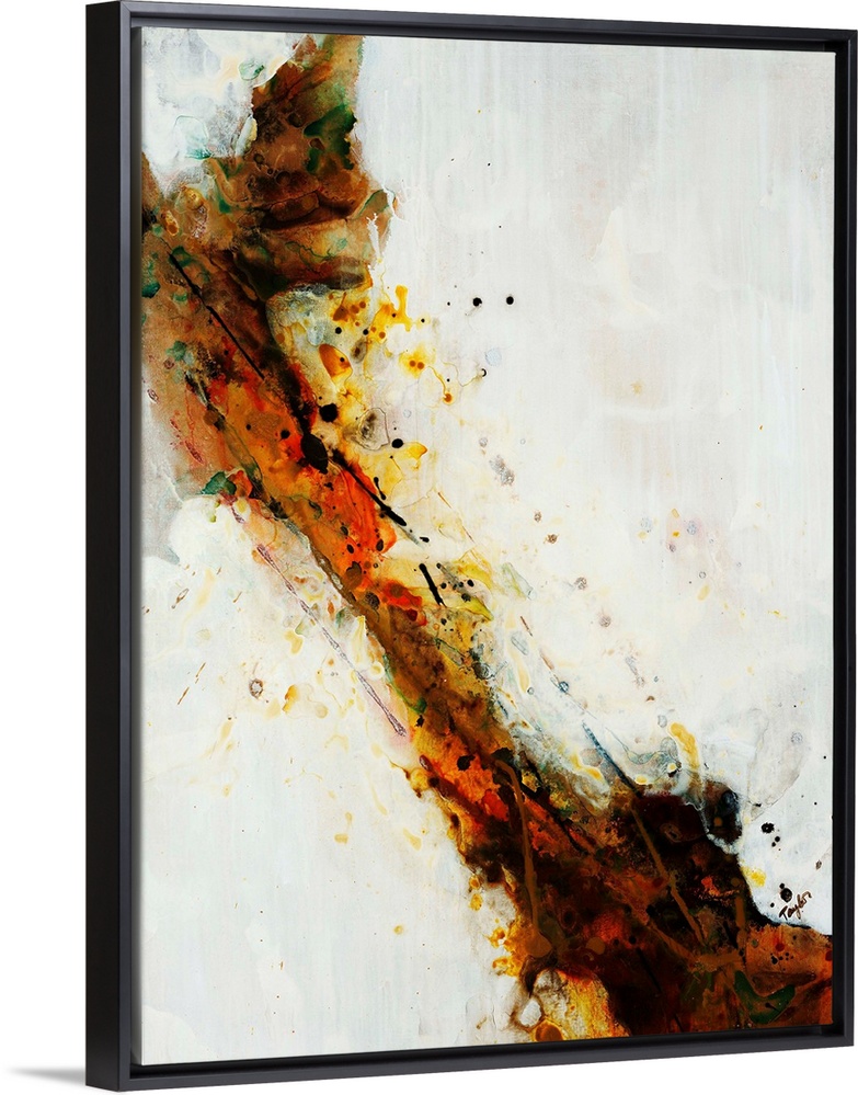 Abstract painting of dark brown, orange and yelllow brushstrokes and paint splatters dividing the composition of the artwo...