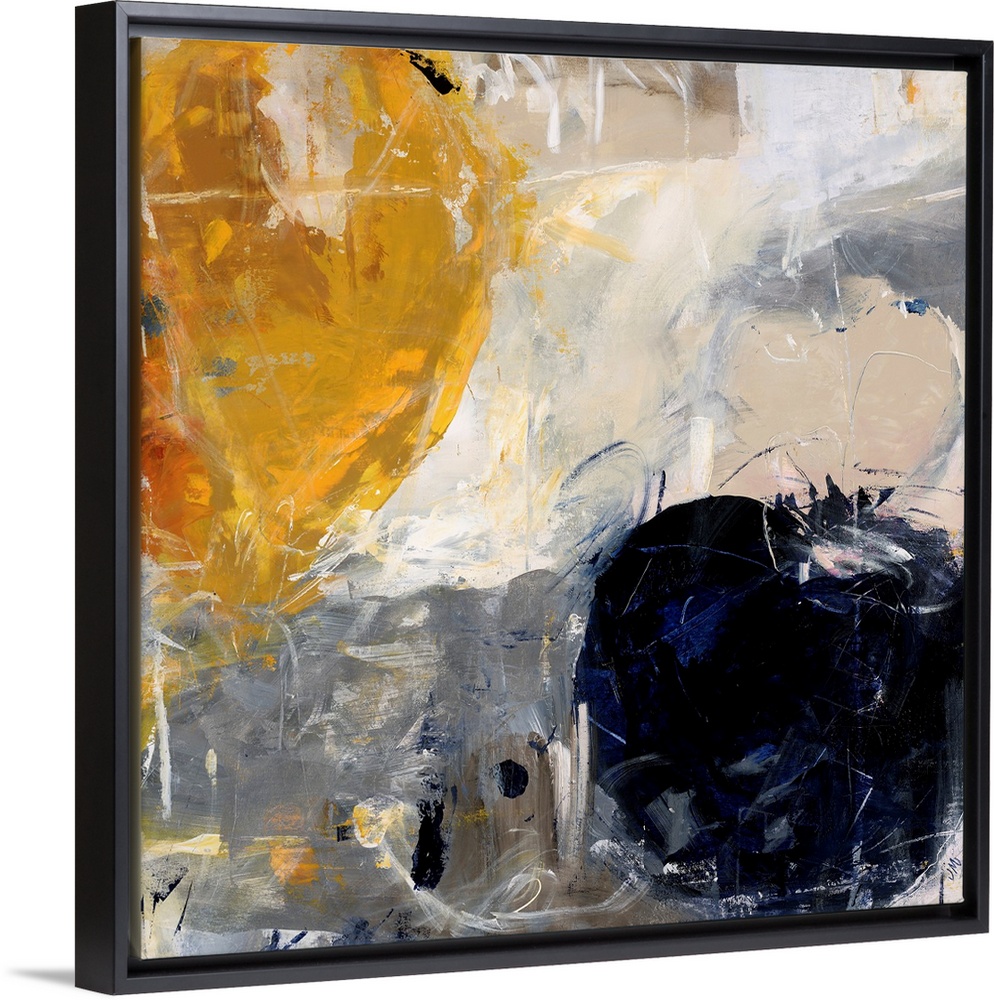 Abstract painting using bold colors forming circles in opposite corners of the image, against a background of earth tones.