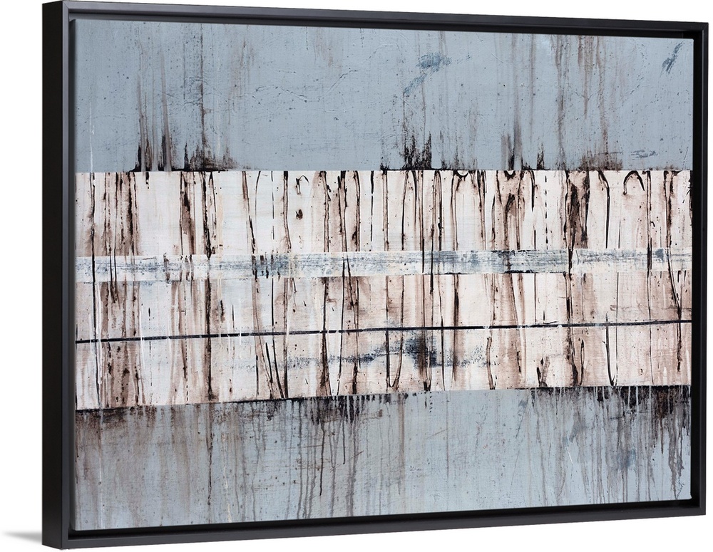 Huge abstract art includes an assortment of horizontal rectangles of varying thicknesses placed on top of each other. Arti...