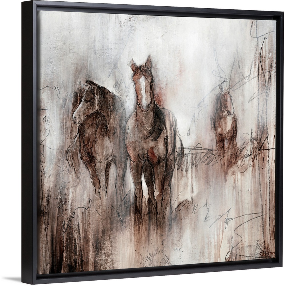 Artwork of three horses grazing together in a field of brown on an early foggy morning.