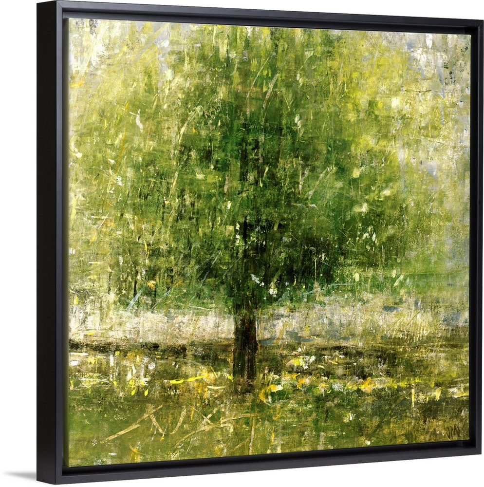 Contemporary artwork of a large tree that has splashes of paint and soft scratches applied over it.