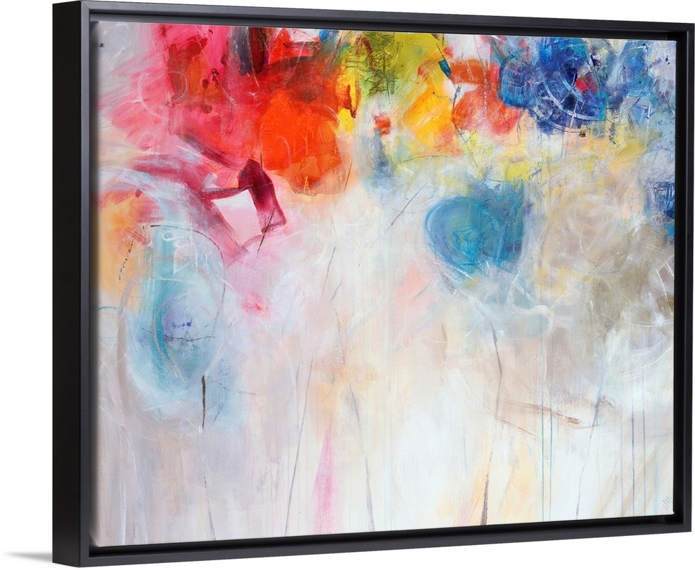Contemporary abstract painting of bright multi-colored forms overtop a neutral background.