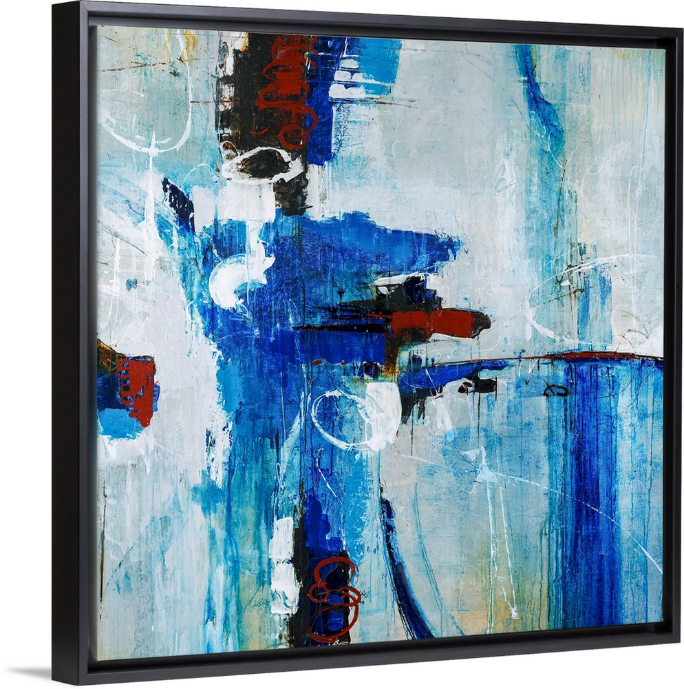 Abstract painting of bright blue brustrokes against a gray-blue background.