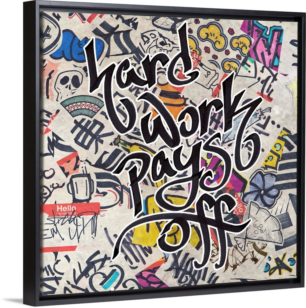 Graffiti-style lettering over a grunge background of pop stickers and symbols.