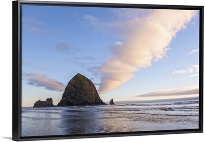 Haystack Rock at Sunset with Moon, Cannon Beach, Oregon