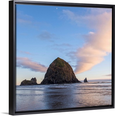 Haystack Rock at Sunset with Moon, Cannon Beach, Oregon - Square
