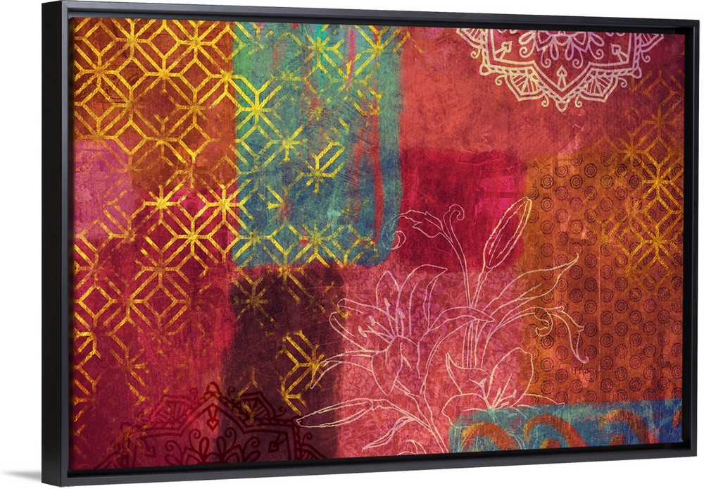 A Bohemian-style abstract collage incorporating floral elements, mandalas, and Moroccan tile patterns.