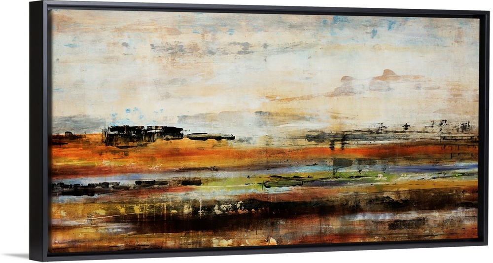 Panoramic abstract painting consisting of horizontal stripes of color. The stripes are muddy, uneven, and overlapped in so...