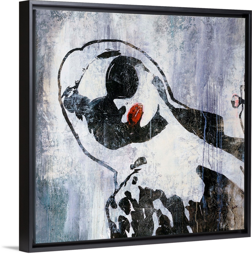 Grunge-style painting of a woman with large sunglasses and bright red lips leaning over, done in high contrast and lots of...