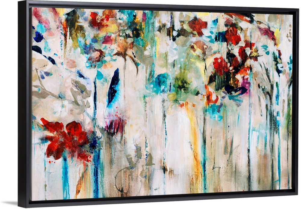 Abstracted painting of flowers done in brilliant colors set against a neutral background.