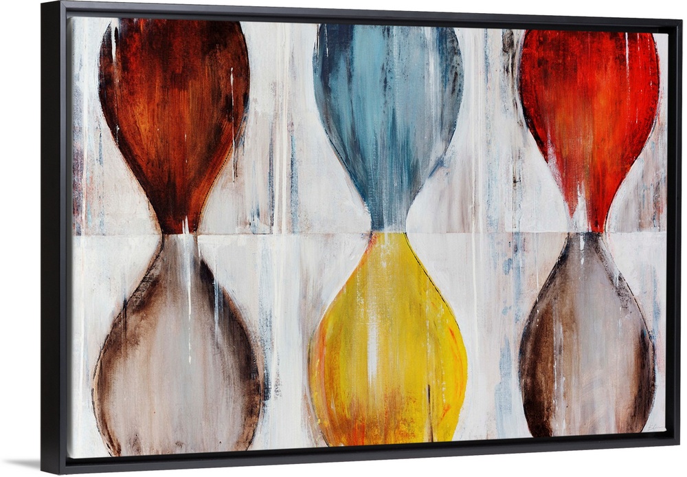 Various hourglass shapes done in contrasting colors on top of a neutral background.