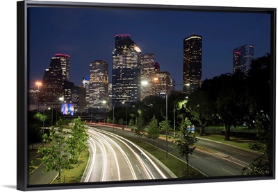 Houston TX Skyline at Night with Light Trails