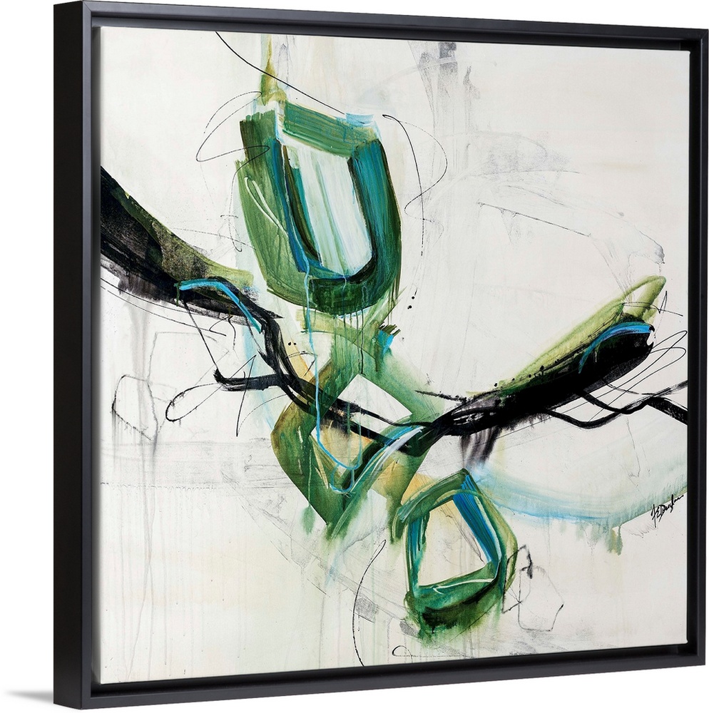 Abstract art of three large circles that are vertically stacked, surrounded by swirling scribbles and brush strokes in var...