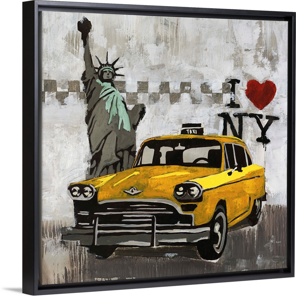 Contemporary painting of a taxi cab in front of the State of Liberty with an "I love New York" logo in the background.