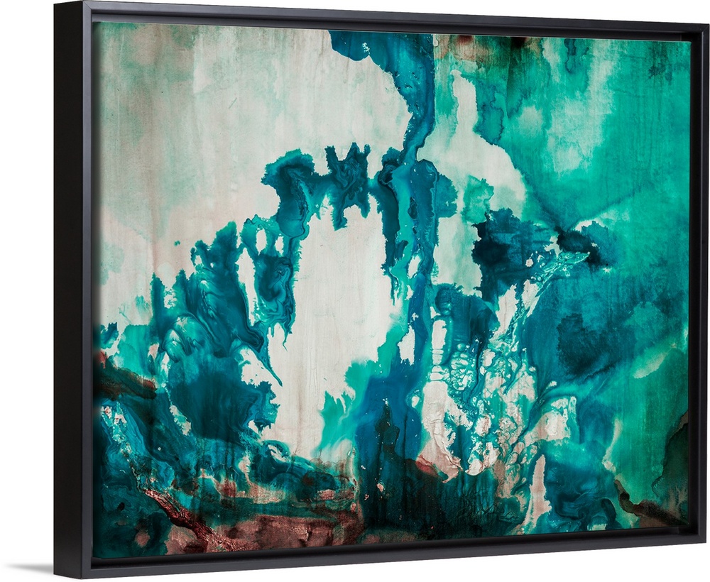 Abstract painting of bright aqua-colored shapes over a muted background.