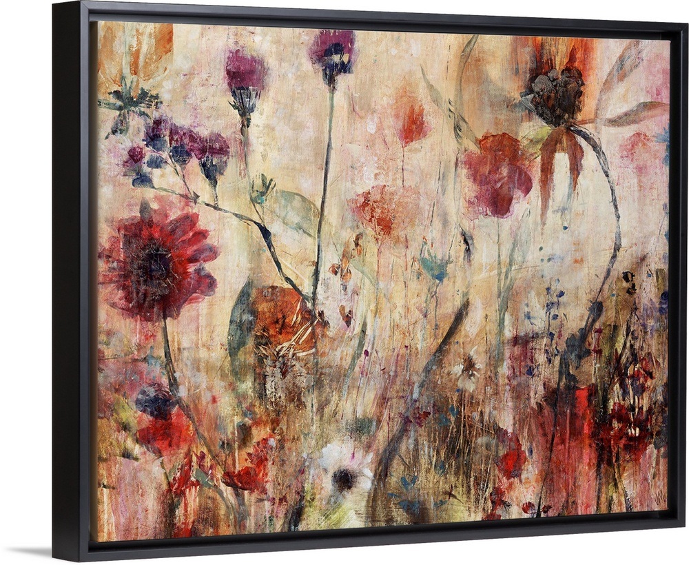 Contemporary abstract painting of wildflowers with grungy textures on canvas.