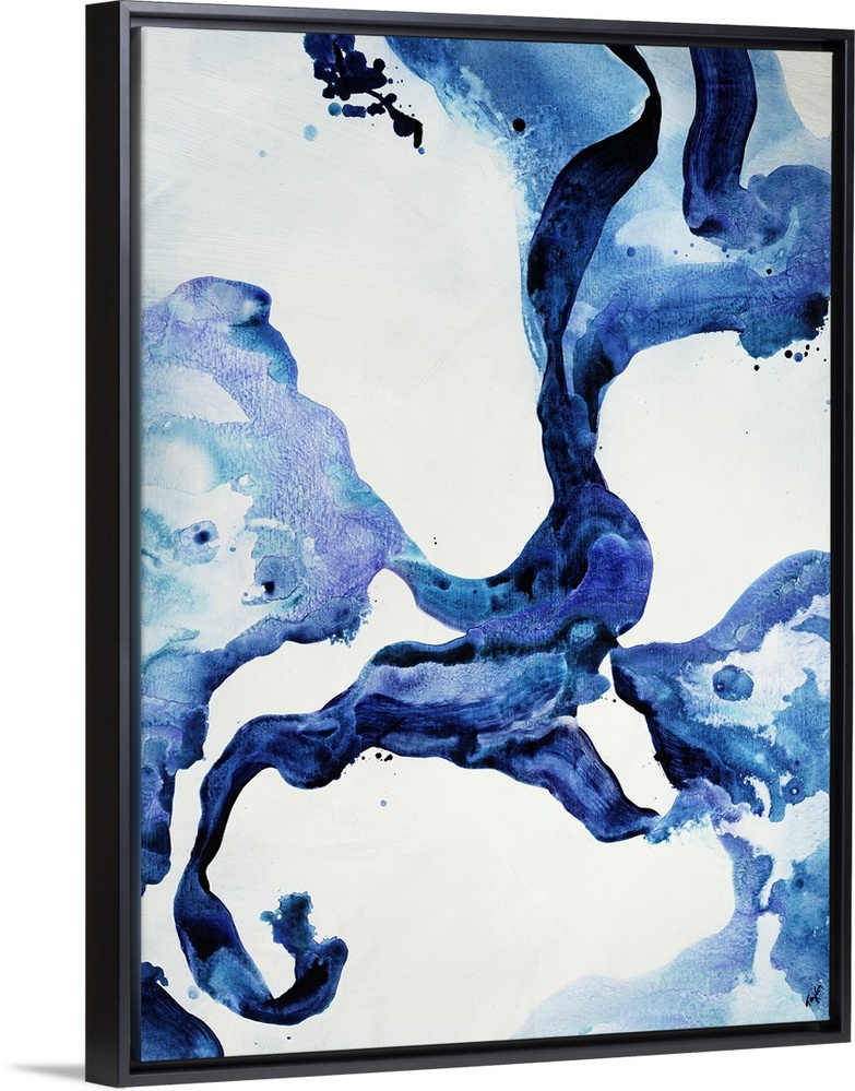 Contemporary abstract painting featuring fluid and curvaceous shapes done in varying shades of indigo blue.