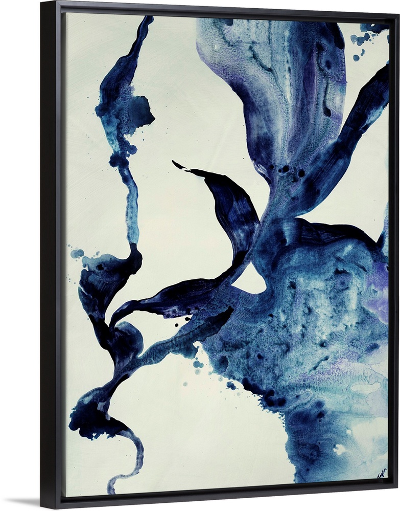 Contemporary abstract painting featuring fluid and curvaceous shapes done in varying shades of indigo blue.
