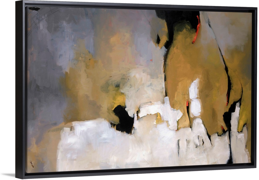 This horizontal abstract painting is rendered with brush strokes implying shapes, depth, and a light source.