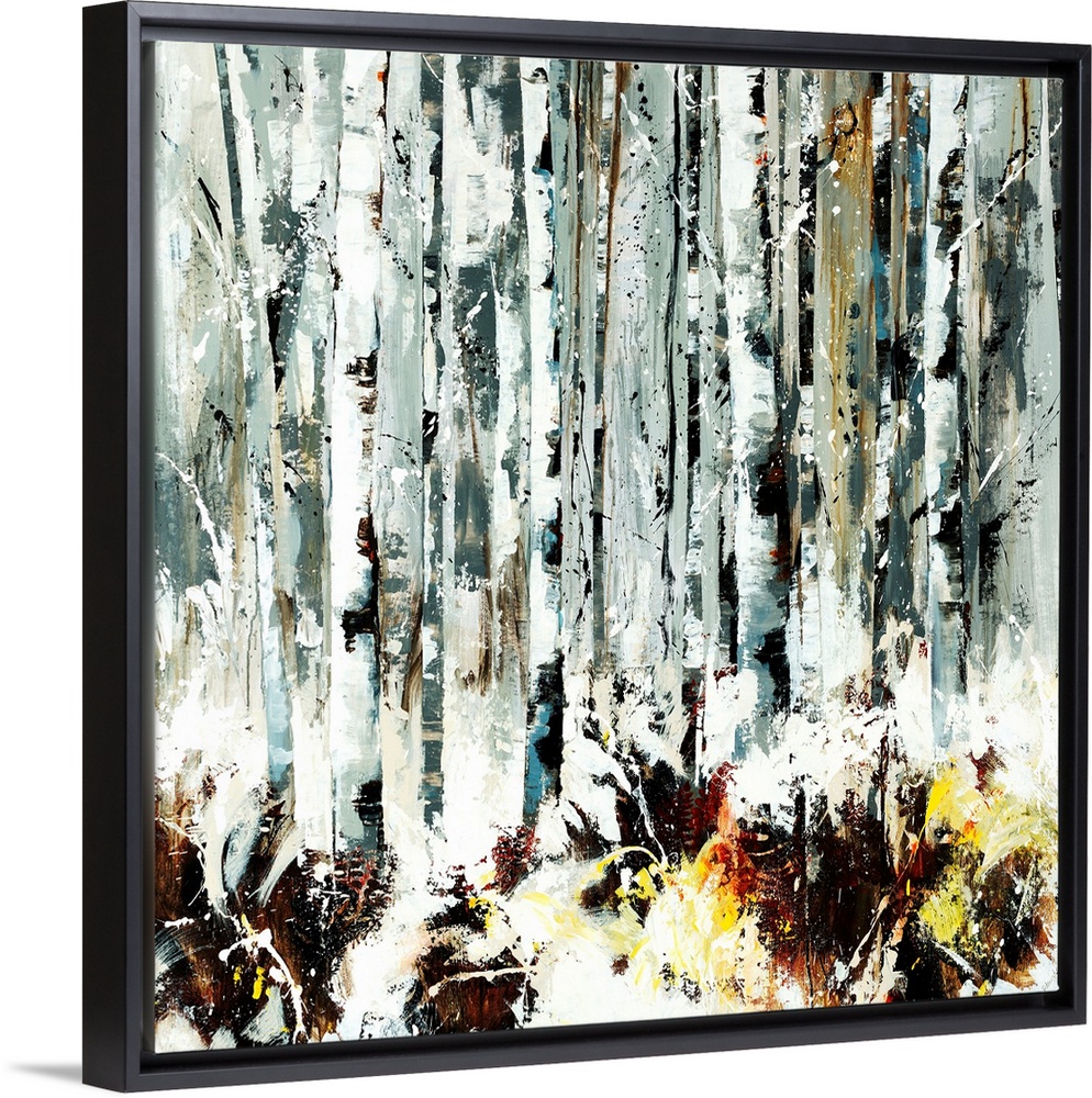 Abstracted painting of birch trees done in various shades of gray.