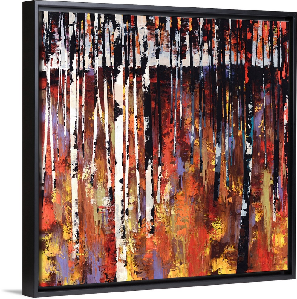 Big contemporary art depicts a densely filled forest covered with thin trees set against a colorful background of earth to...