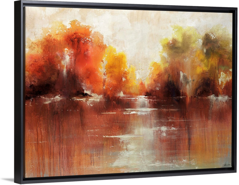 Contemporary, decorative wall art of an abstract painting that is reminiscent of autumn shrubs reflecting in the surface o...