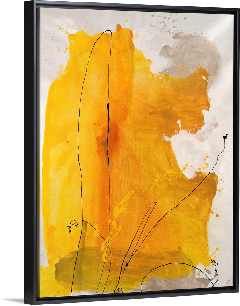 Painting of a large abstract shape in golden tones with thin, swirling lines of paint that appear to have be dripped from ...
