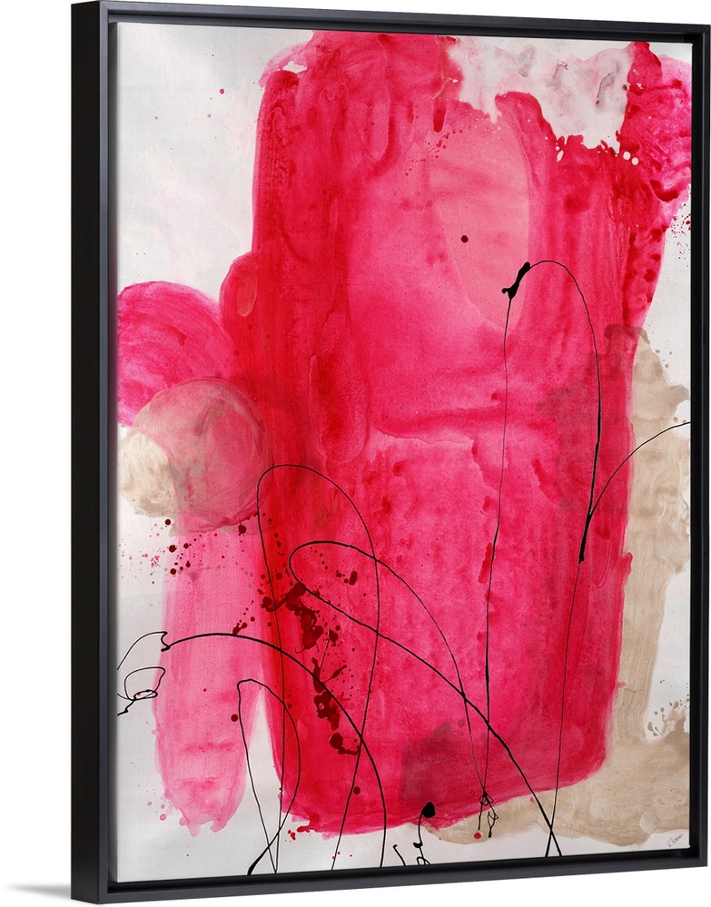 Painting of a large abstract shape in bright pink tones with thin, swirling lines of paint that appear to have be dripped ...