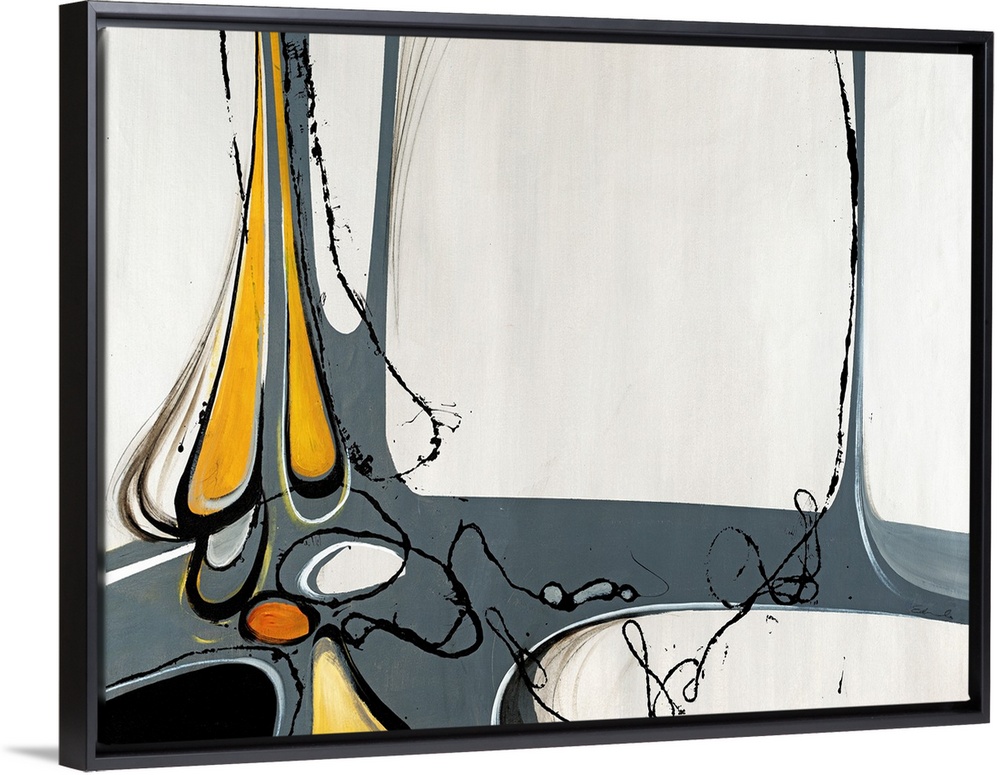 Abstract art of irregular shapes and curved lines reminiscent of mid-century modern styles.