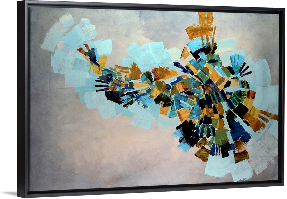 Fan like shapes radiate outward in this abstract painting on a horizontal wall hanging for the office of home.