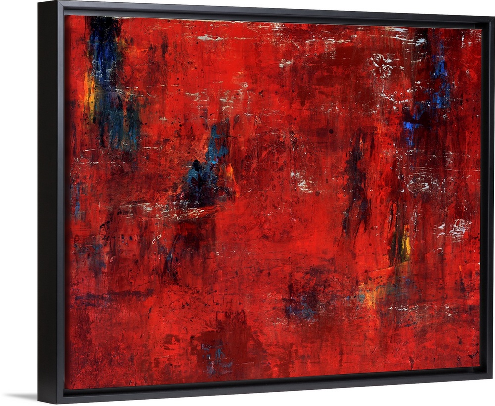 Abstract painting featuring shades of red and maroon with swipes of blue and yellow.