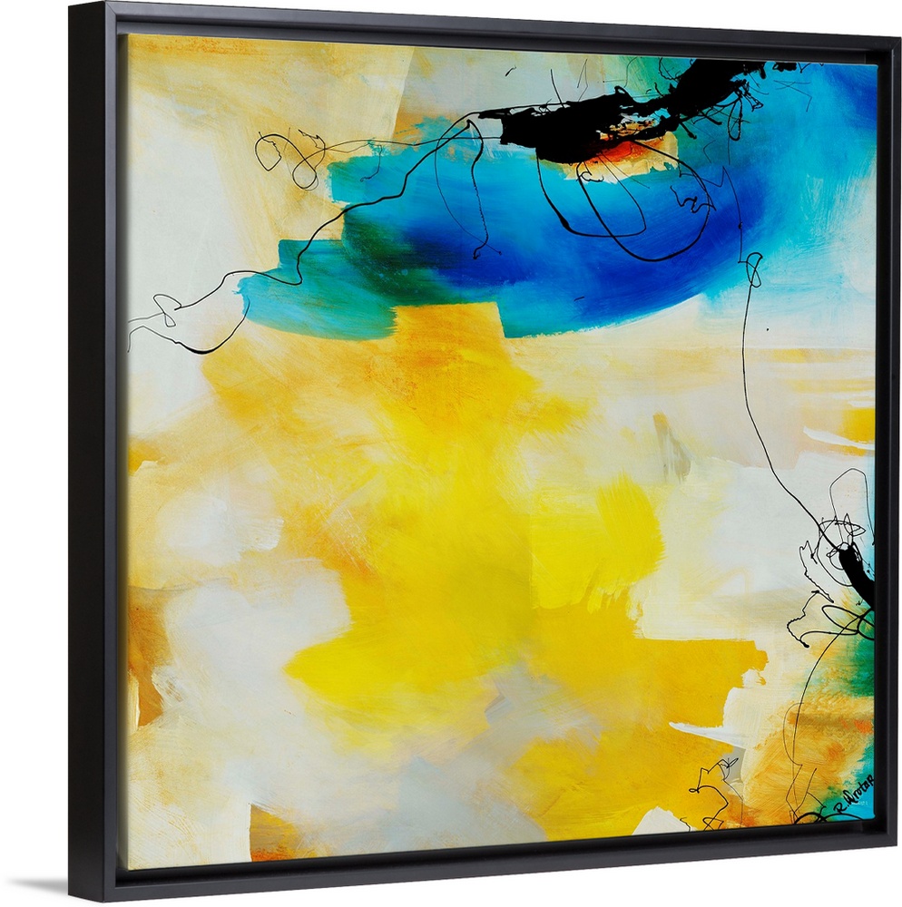 Abstract painting of fluid black lines overtop of vibrant yellow and blue brushstrokes.