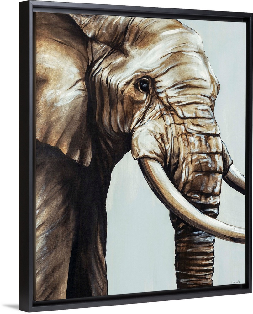 Painted brown and gray portrait of an elephant.