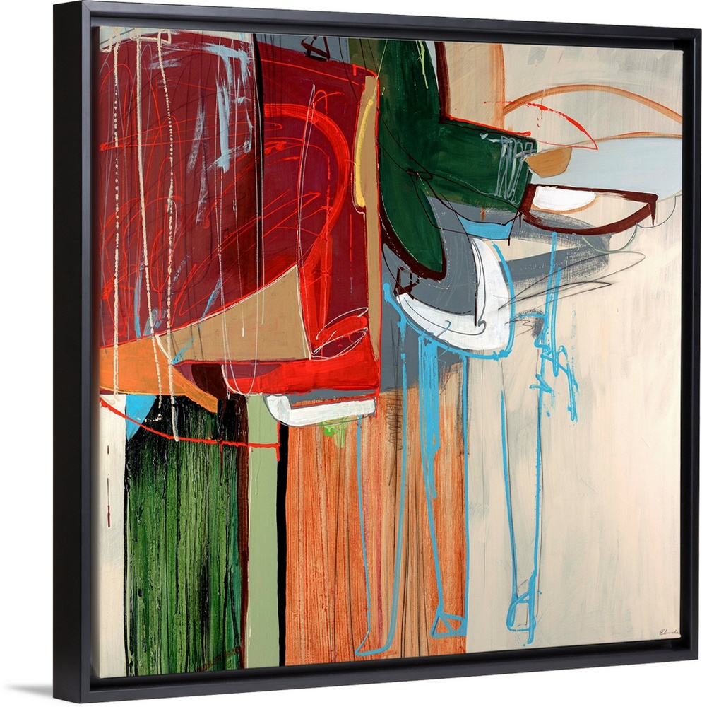 Square, large abstract art of brushed vertical lines in the background, on top in a variety of colors are various shapes a...