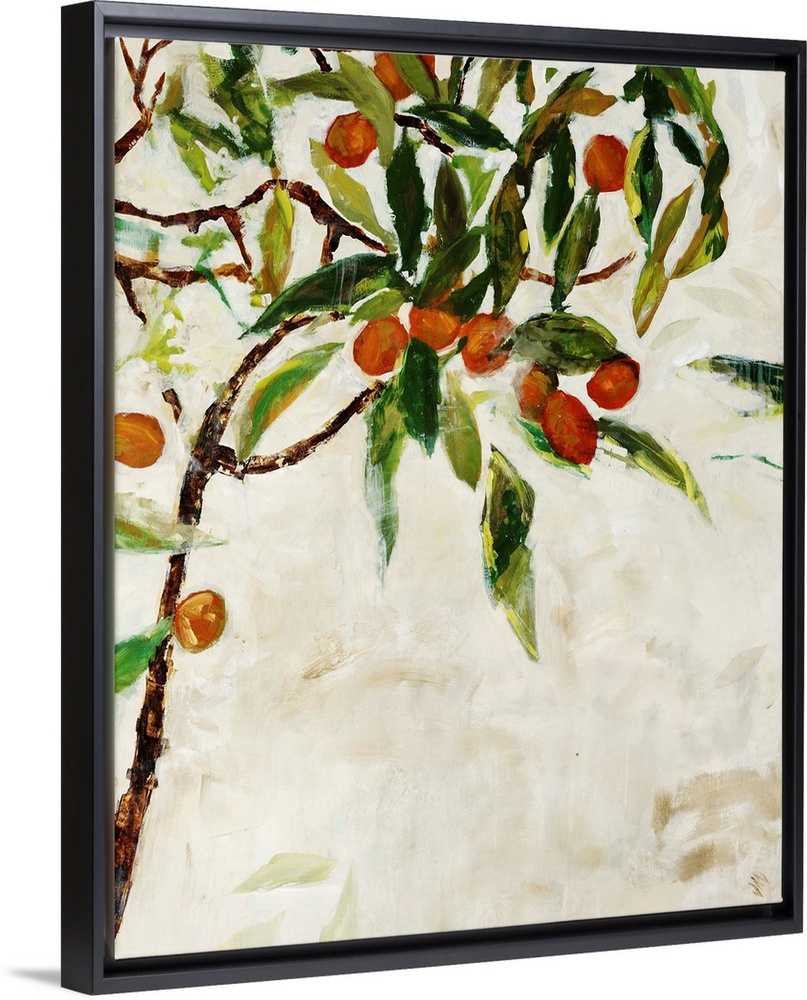 Contemporary painting of a kumquat tree over a neutral background.