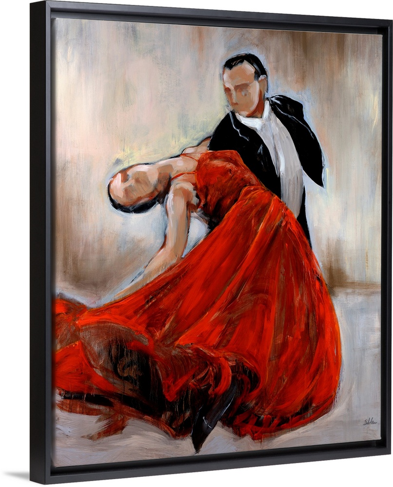 Huge contemporary art depicts a man in a tuxedo dancing with a woman in a flowing bright dress while in front of a simple ...