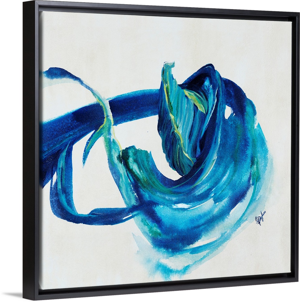 Contemporary painting of an energetic form painting in various shades of blue with hints of yellowish-green.