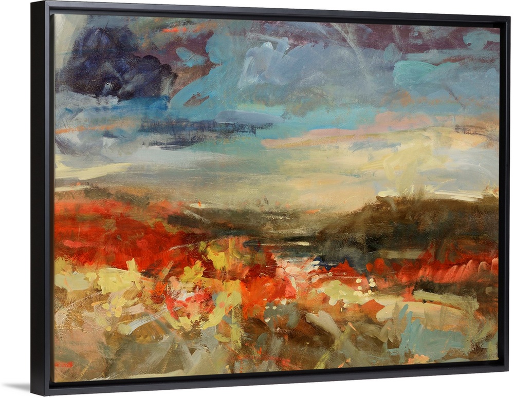 A landscape painting of mountains a river with abstract styling.