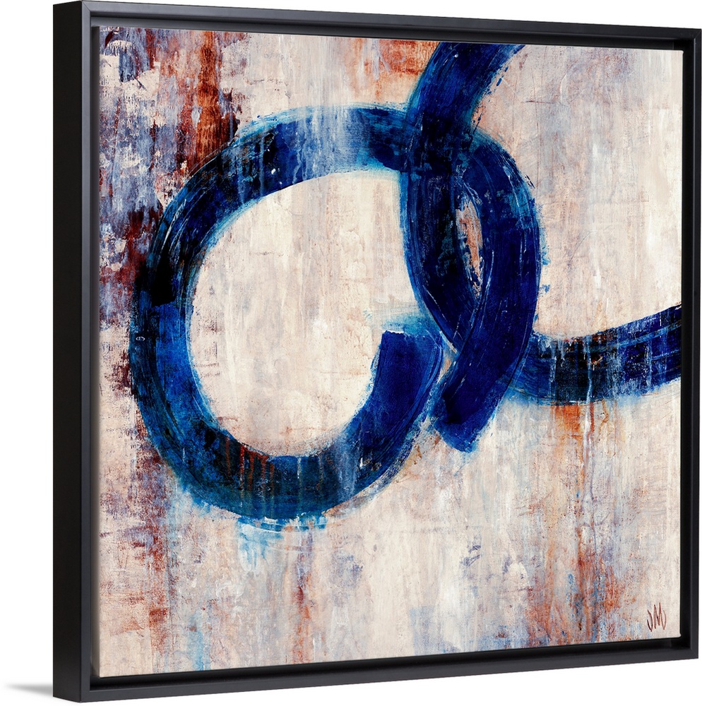 Square, contemporary art on a large canvas of two dark rings interlocking, on a patchy background of various neutral colors.