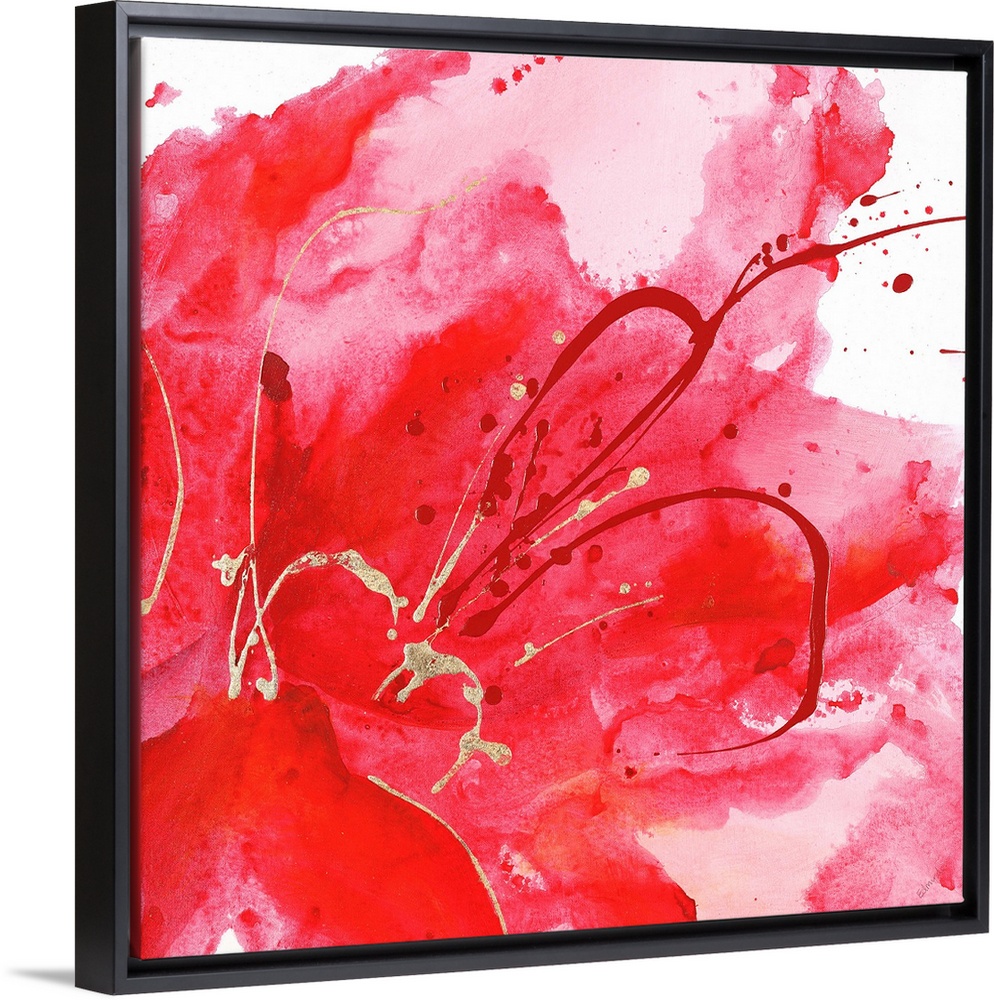 Contemporary abstract painting using a splash of vibrant red against a white background.