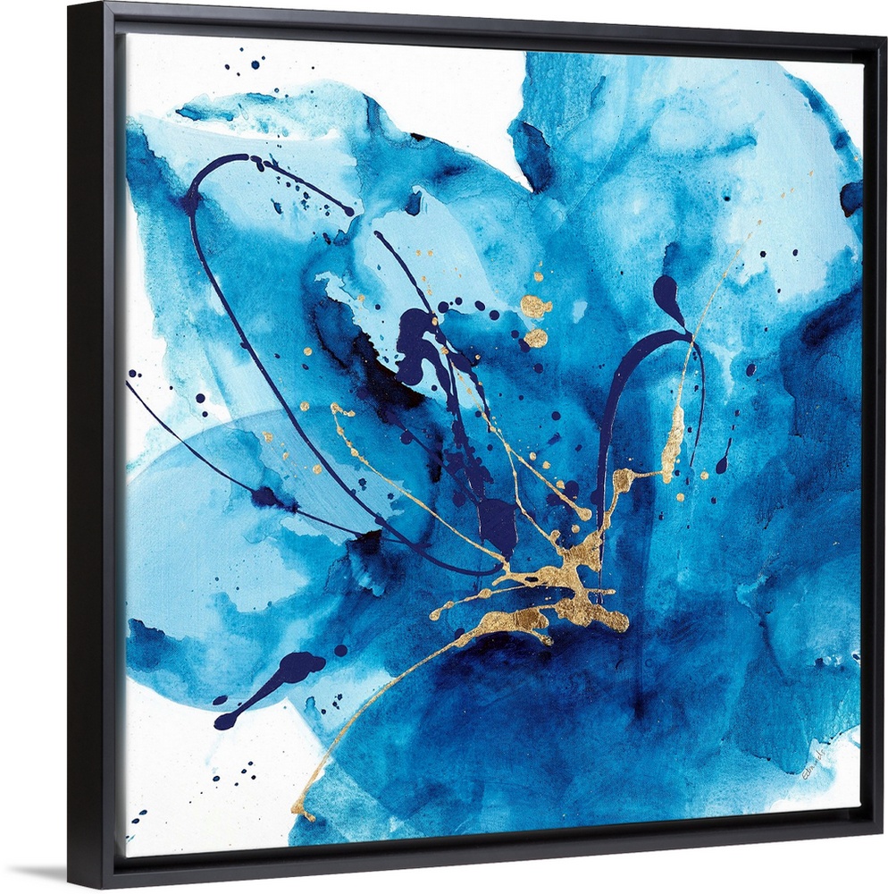 Contemporary abstract painting using a splash of vibrant blue against a white background.