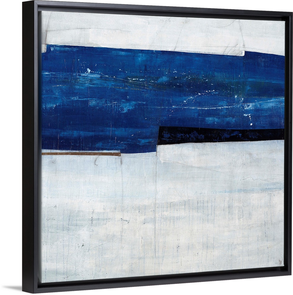 Abstract painting of a navy blue strip over a cool, gray-blue background.