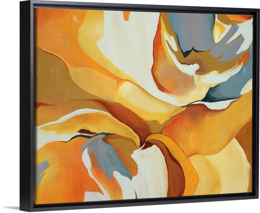 Bright abstract painting of fluid forms in varying shades of yellow, from lemon to mustard.