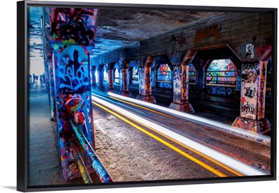 Light trails illuminate the graffiti in the Krog Street Tunnel in Atlanta, Georgia